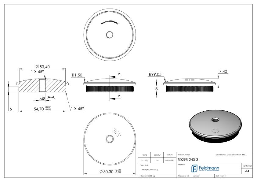 Rohrabschlussstopfen, für Rohr 60,3x3,0mm, V2A