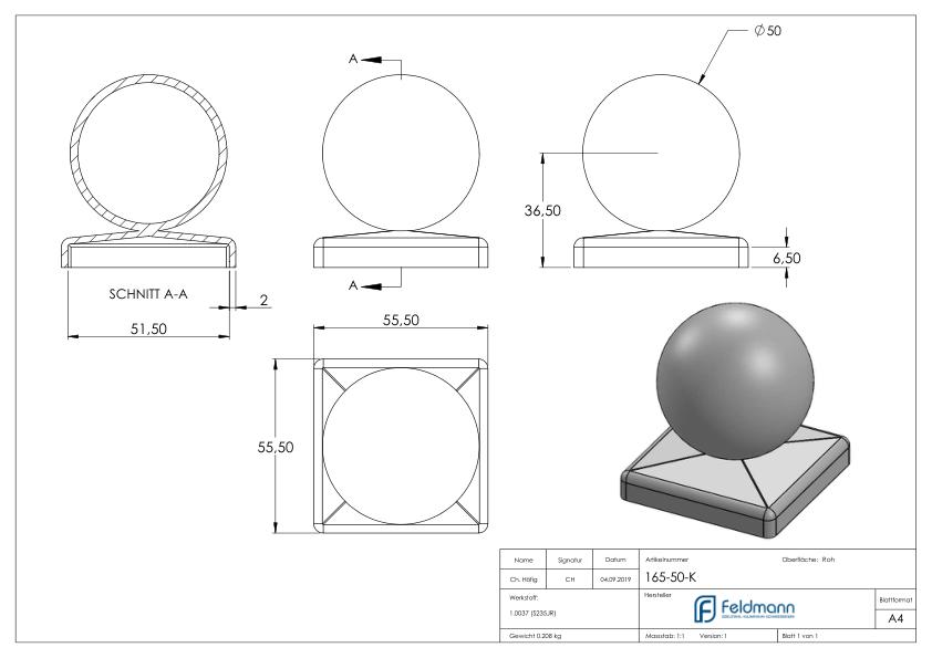 Pfeilerbedecker 50x50mm mit Hohlkugel Ø 50mm