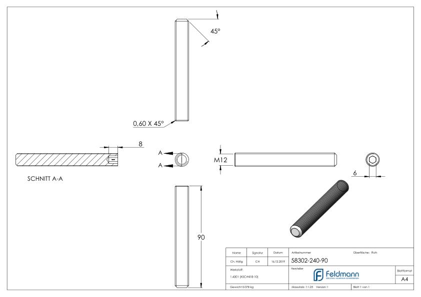 Gewindestift M12x90, V2A, DIN 913 / ISO 4026 Gewindestift M12x90, V2A, DIN 913 / ISO 4026