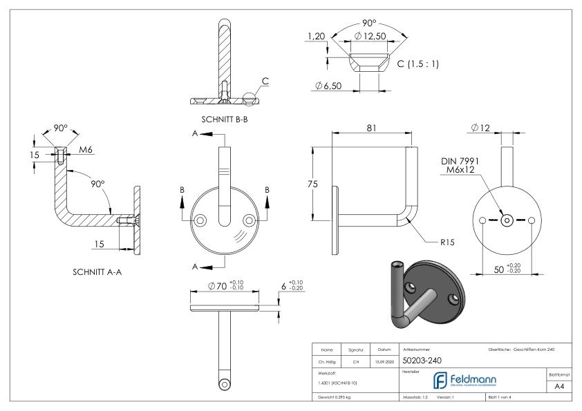 Handlaufhalter mit Innengewinde M6, Bügel 12mm (Ronde und Bügel verschraubt), V2A