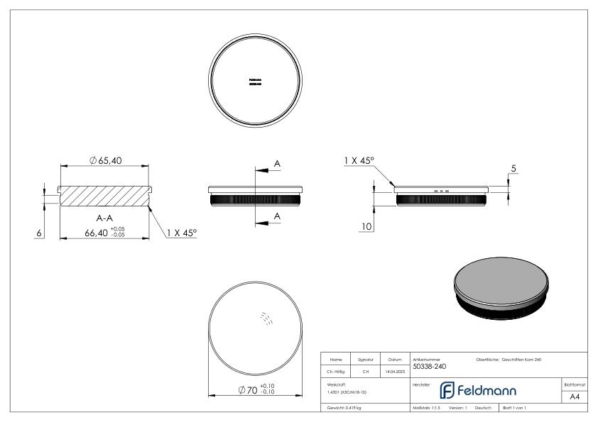 Rohrabschlussstopfen, für Rohr 70,0x2,0mm, V2A