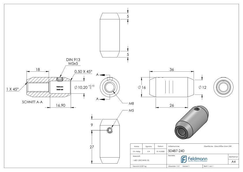 Stabverbinder Ø16mm mit Gewinde M8 und Bohrung 10mm, V2A Stabverbinder Ø16mm mit Gewinde M8 und Bohrung 10mm, V2A