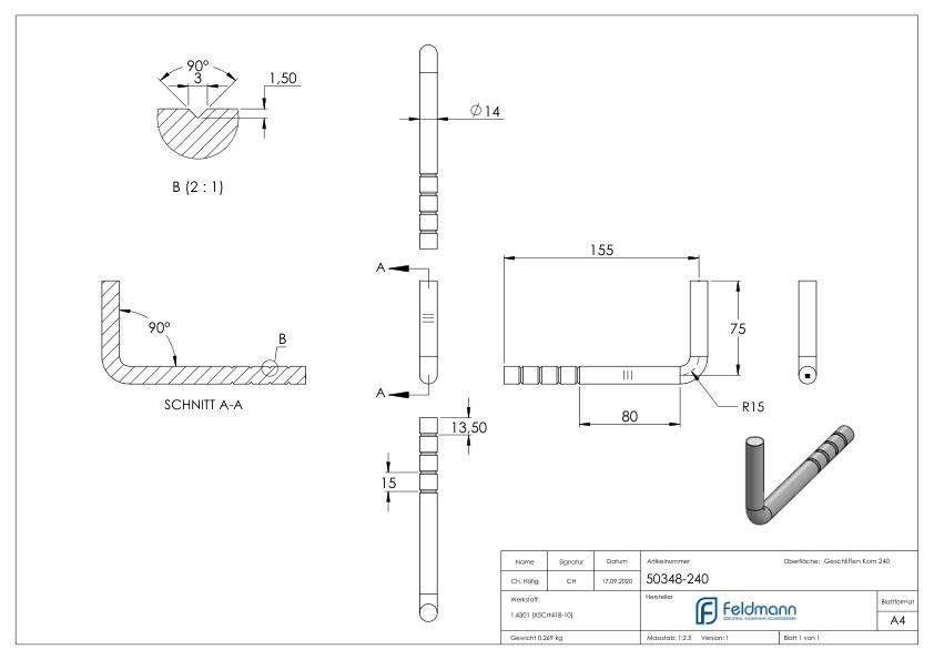 Handlaufhalter zum Einbetonieren, Bügel 14mm, V2A Handlaufhalter zum Einbetonieren, Bügel 14mm, V2A