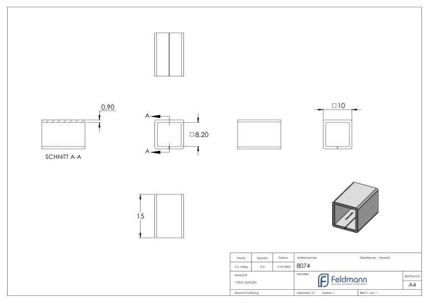 Ausgleichshülse von 8x8 auf 10x10mm, Länge 15mm, verzinkt