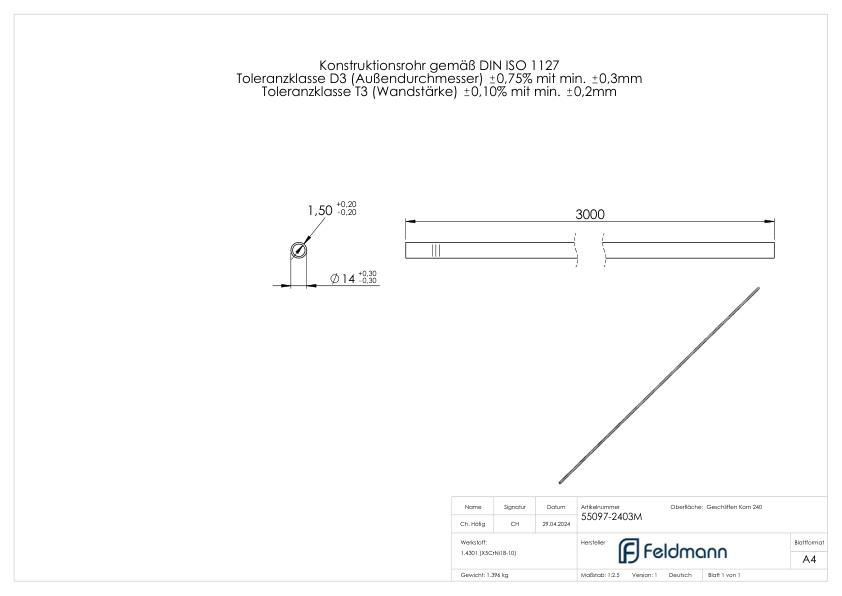 Edelstahlrohr, 14,0x1,5mm, L: 3000mm, V2A
