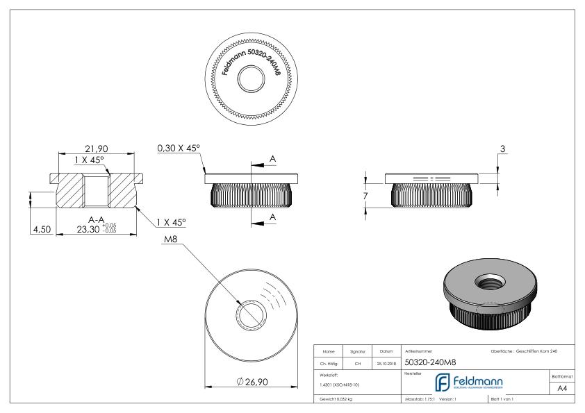 Rohrabschlussstopfen, für Rohr 26,9x2,0mm, V2A