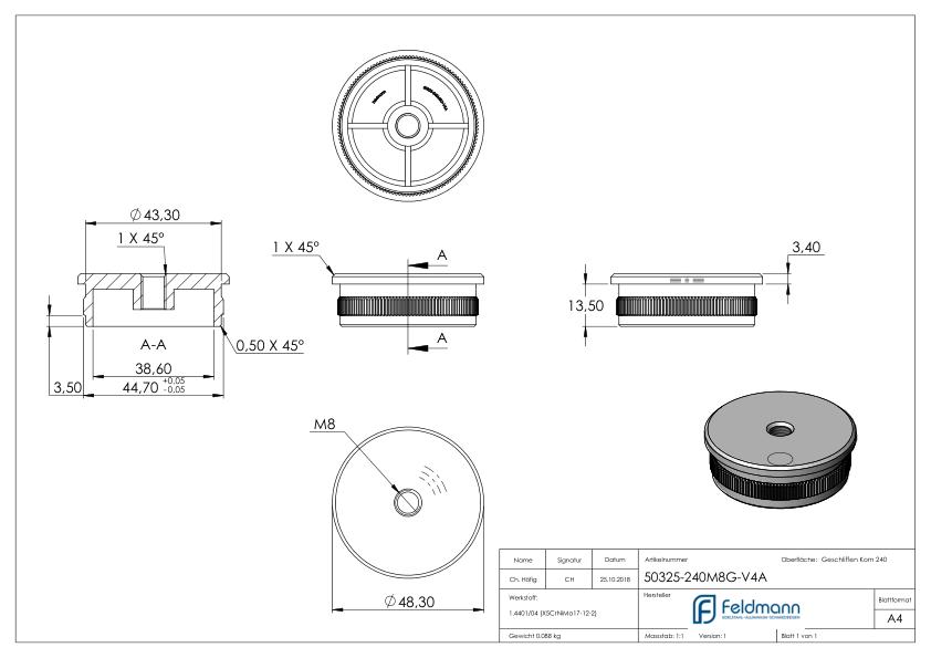 Rohrabschlussstopfen, für Rohr 48,3x2,0mm, V4A