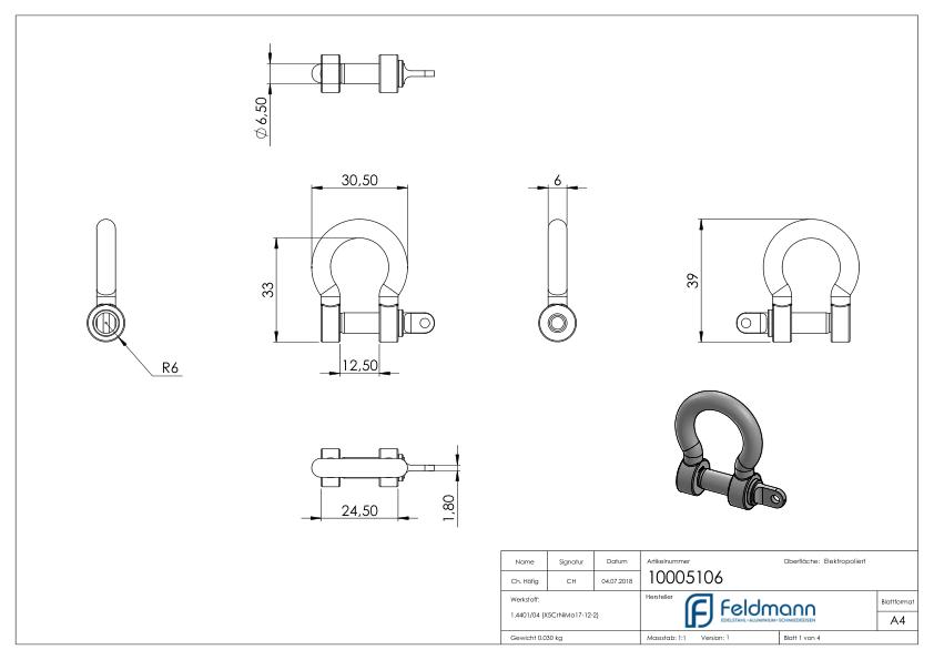 Gebogener Schäkel, M6, V4A