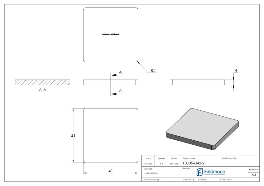 Flachkappe für QR 40 x 40mm t= 4,0mm, Stahl roh