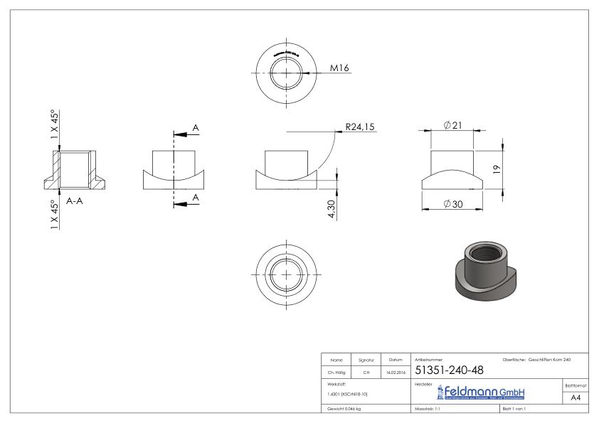 Gewindehülse, passend zu Torband 120-M16-VA, für Rohr 48,3mm, V2A