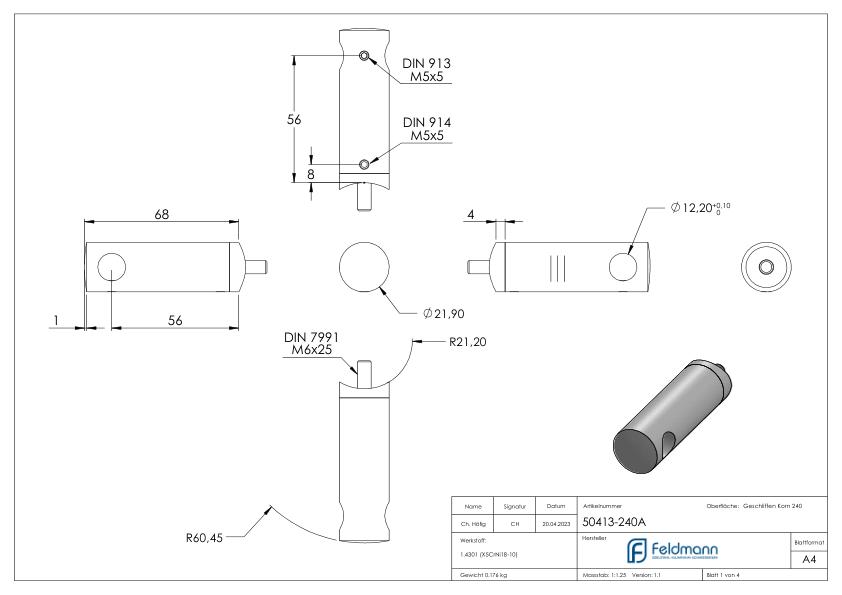 Querstabhalter verlängert, mit Durchgangsbohrung für 42,4mm Rohr, 12,2mm Bohrung, V2A