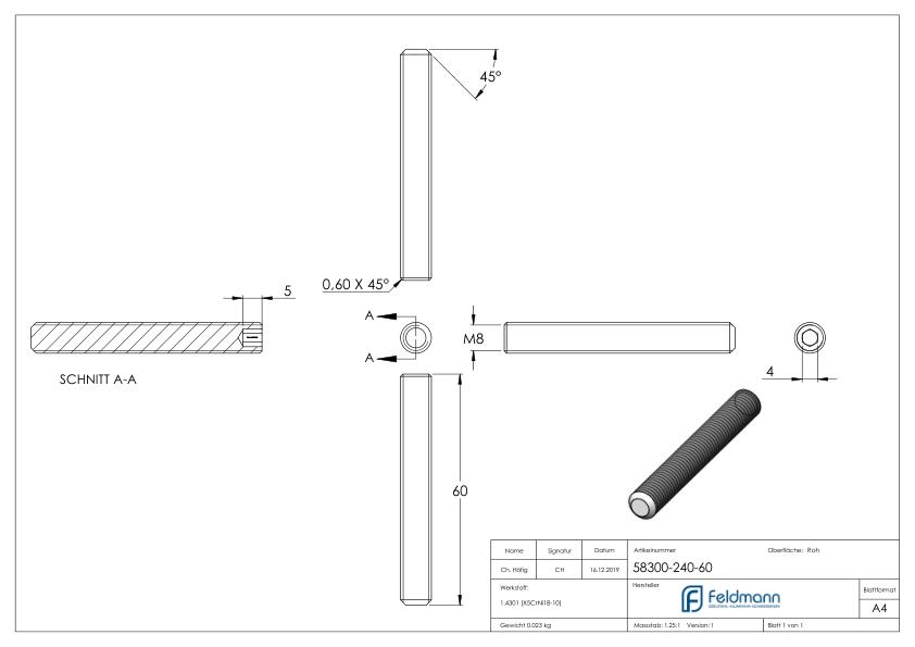 Gewindestift M8x60, V2A, DIN 913 / ISO 4026 Gewindestift M8x60, V2A, DIN 913 / ISO 4026