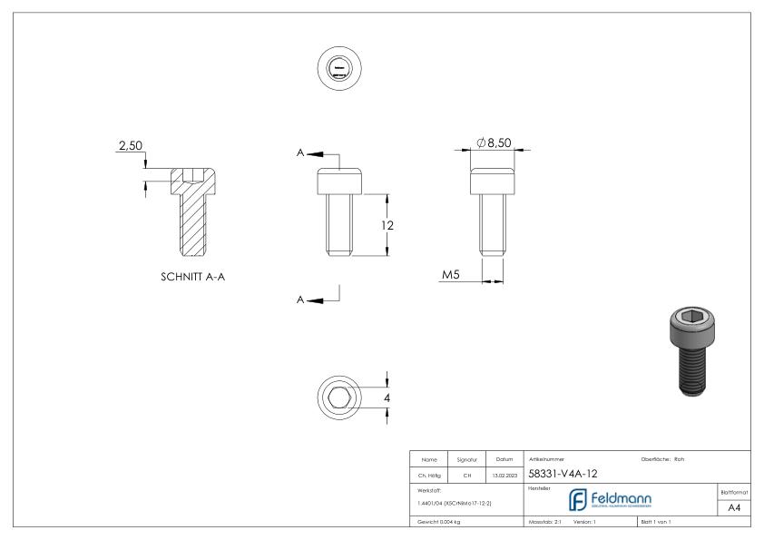 Zylinderkopfschraube M5 x 12, A4, DIN 912 Zylinderkopfschraube M5 x 12, A4, DIN 912