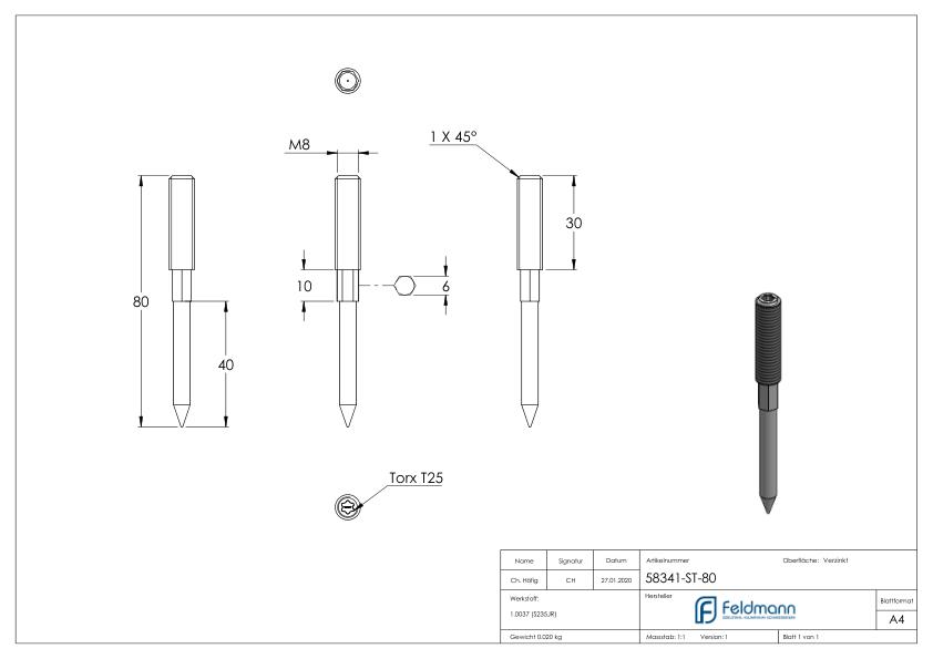 Stockschraube M8x80mm, Stahl verzinkt
