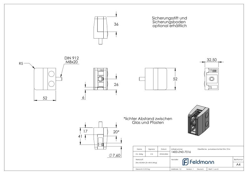 Glasklemme Mod. 14, Anschluss: gerade, Zink roh pulverbeschichtet RAL 7016 matt