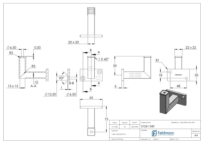 Handlaufhalter mit Durchgangsbohrung, (Ronde und Bügel verschweißt), V2A
