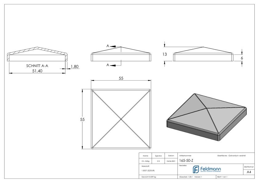 Pfeilerbedecker für Rohr 50x50mm, verzinkt