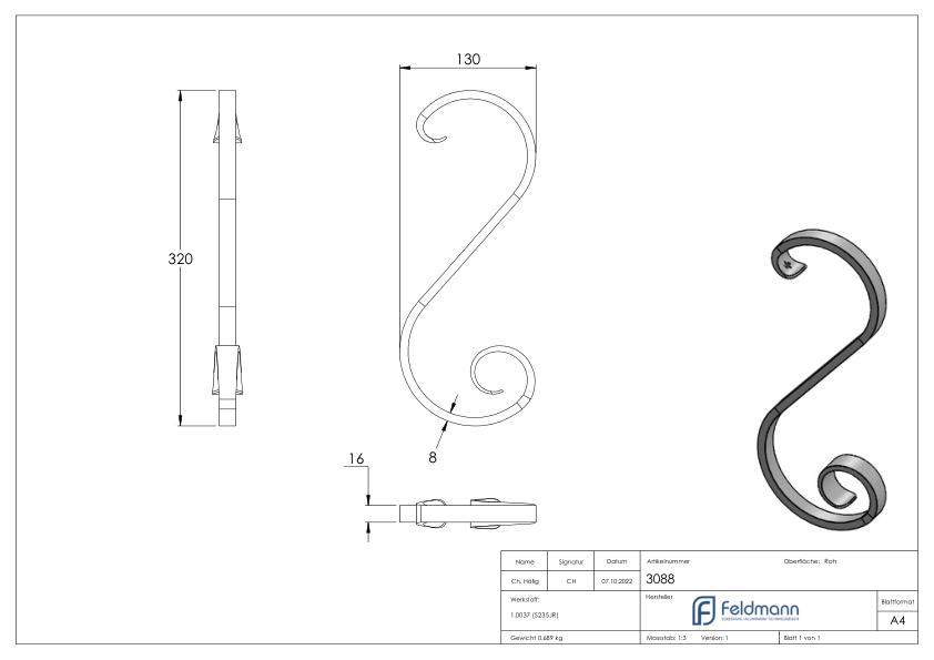 S-Schnecke 16x8mm, 320x130mm