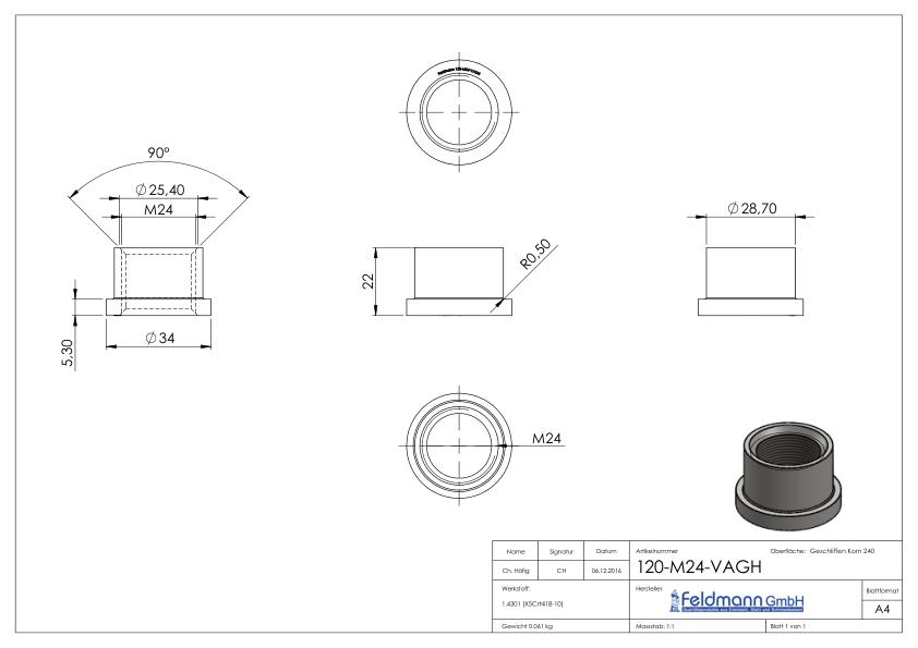 Gewindehülse, passend zu Torband 120-M24-VA , V2A Gewindehülse, passend zu Torband 120-M24-VA , V2A