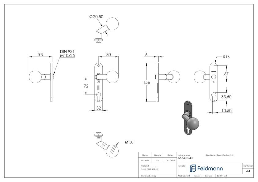 Türknopf, Ø 50mm, mit Langschild, V2A