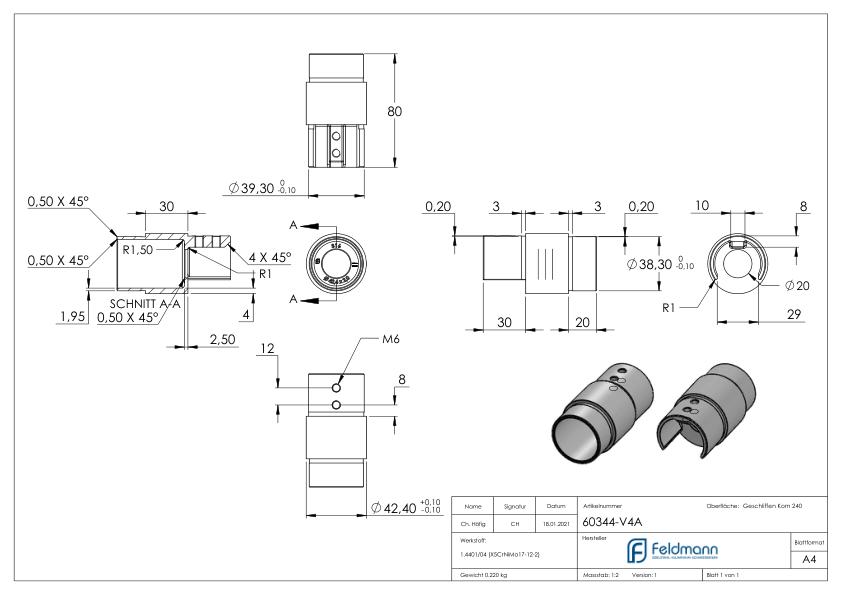 Verbinder für Nutrohr 42,4x1,5mm, V4A