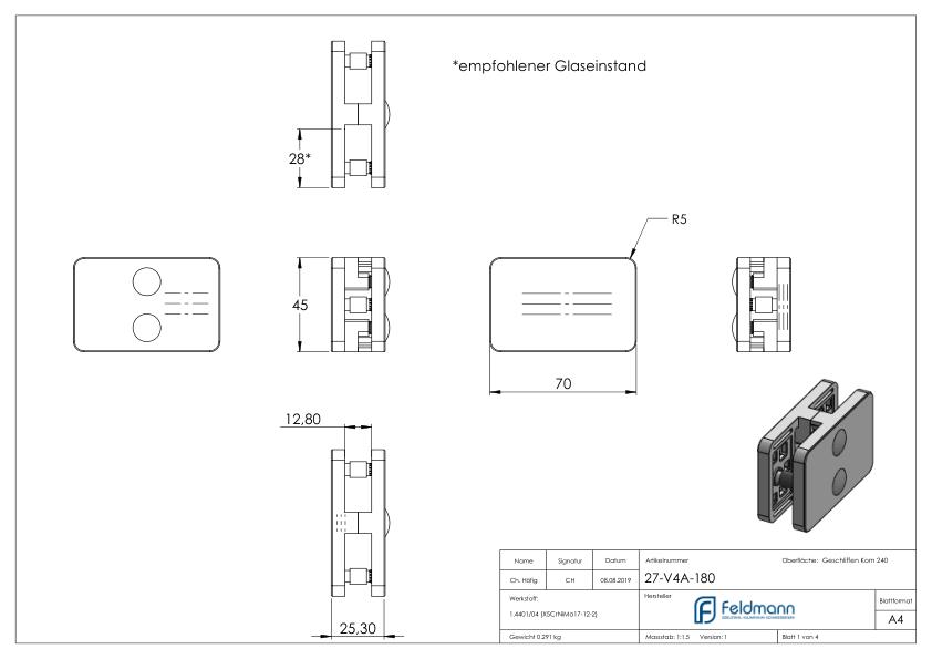 Glasklemme 180° Mod. 27, V4A