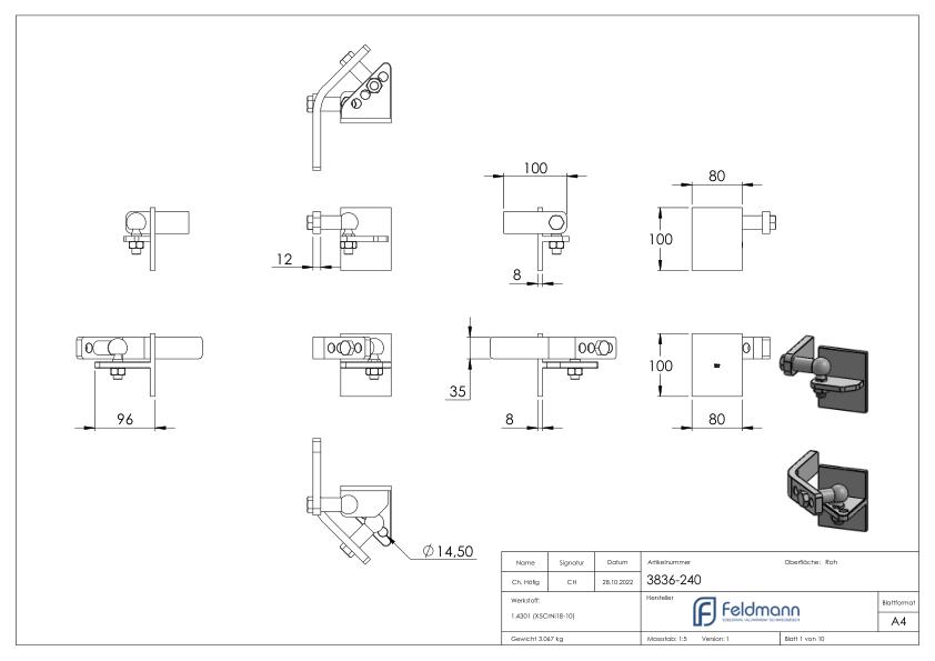 Hebetorbeschlag für Metallpfosten, Edelstahl V2A Hebetorbeschlag für Metallpfosten, Edelstahl V2A