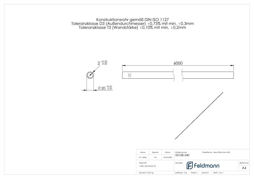 Edelstahlrohr, 20,0x2,0mm, L: 6000mm, V2A