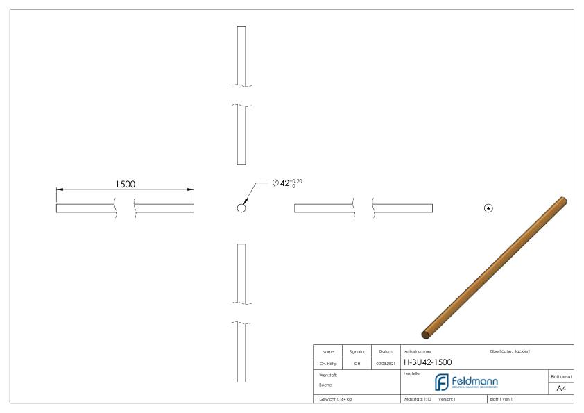 Holzhandlauf Buche, Ø42mm, L: 1500mm Holzhandlauf Buche, Ø42mm, L: 1500mm