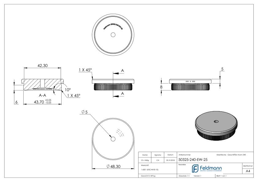 Rohrabschlussstopfen, für Rohr 48,3x2,5mm, V2A