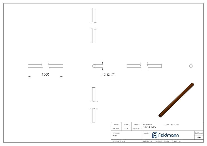 Holzhandlauf Eiche, Ø 42,4mm, L: 1000mm
