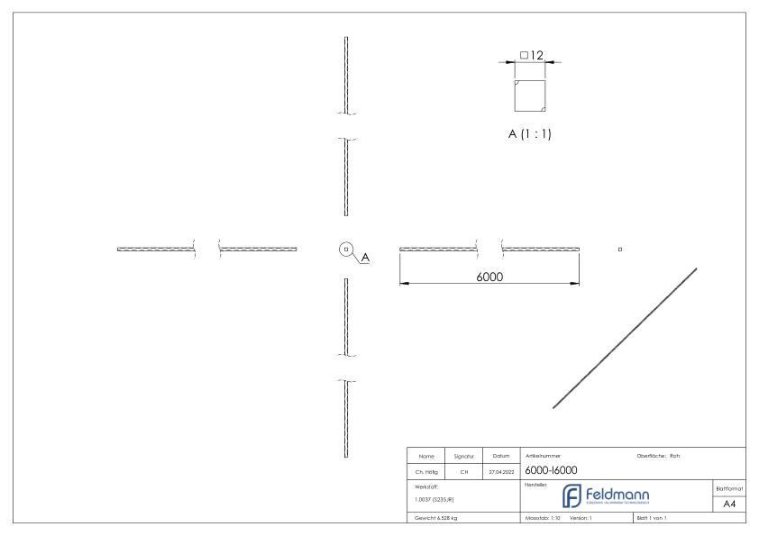 Vierkant S235JR, 12x12mm, L: 6000mm