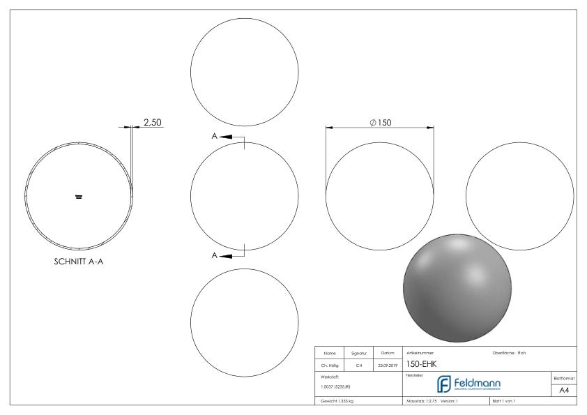 Eisenhohlkugel Ø 150x2,0 - 2,5mm