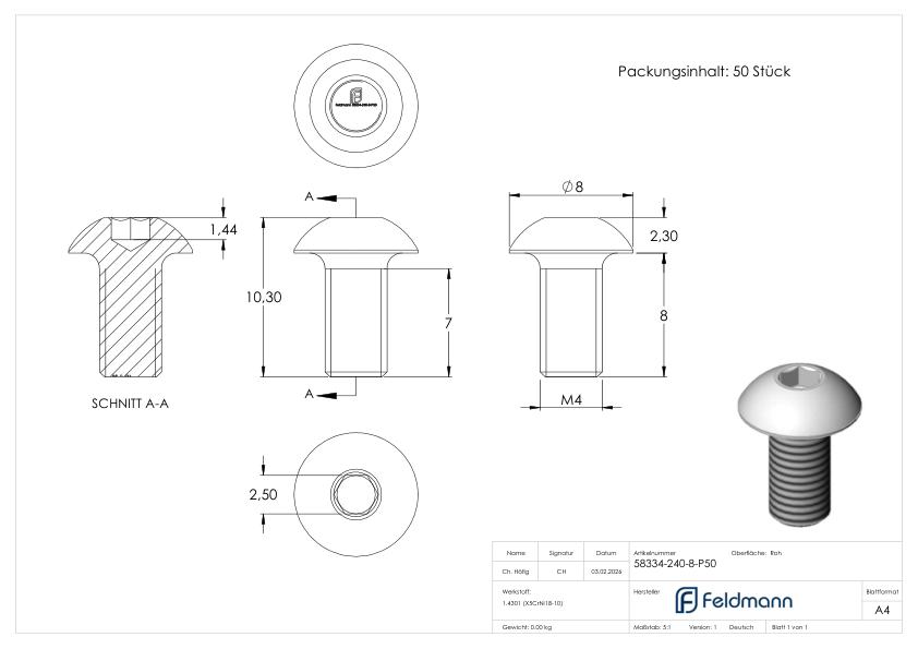 LUNORA® 50er Schrauben Set, zur Befestigung im Edelstahl Nutrohr 42,4mm
