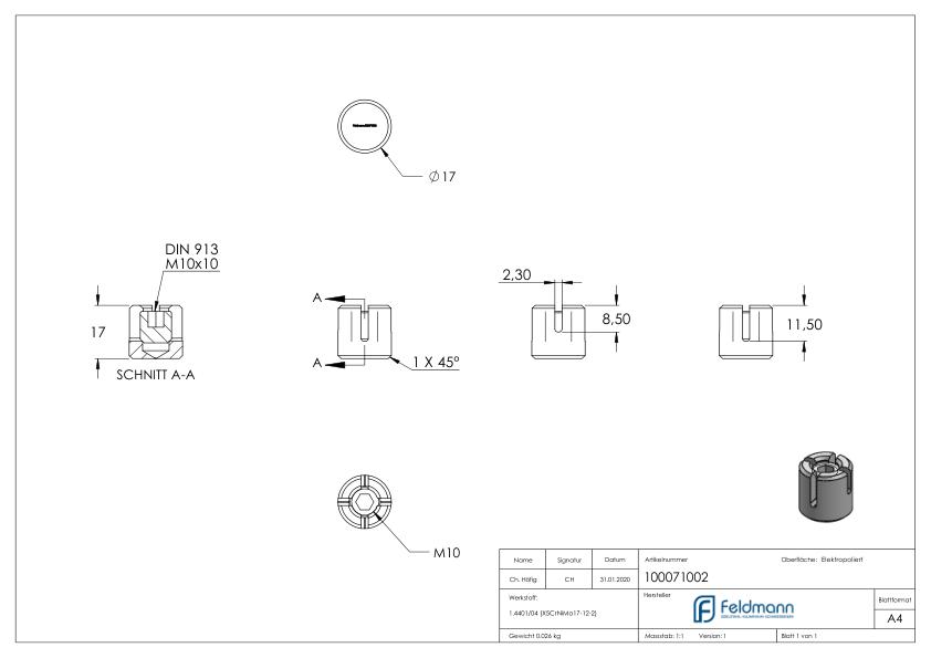 Kreuzklemme für Seil Ø 2mm, V4A