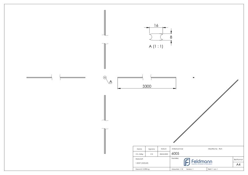 Flacheisen S235JR, 16x8mm, L: 3300mm