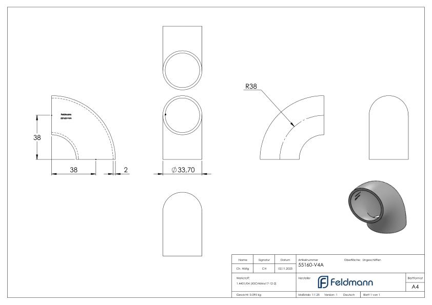 Schweißbogen 90°, 33,7 x 2,0mm, ungeschliffen, V4A