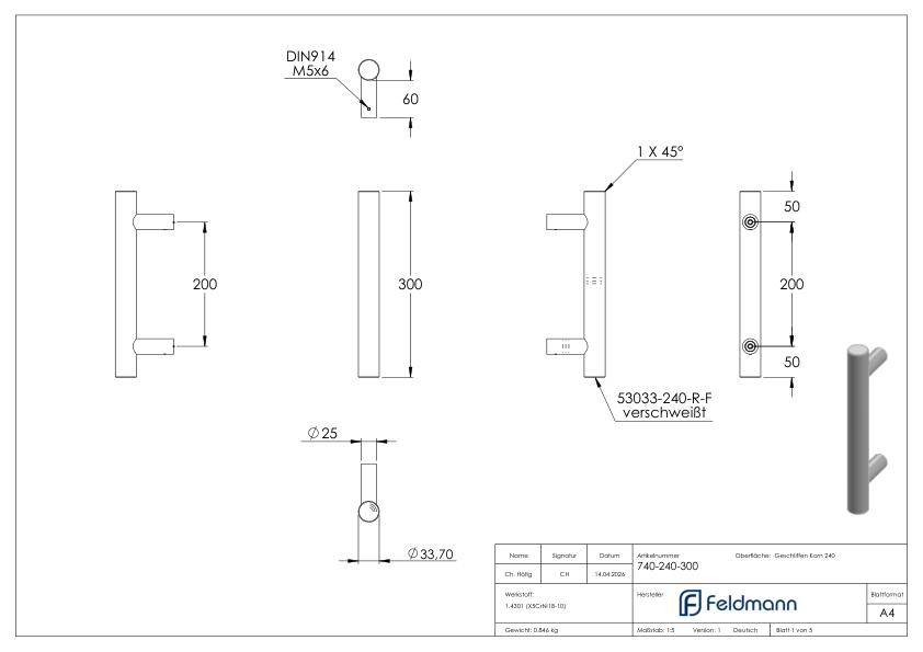 Stoßgriff inkl. Halter gerade mit L: 300mm, V2A