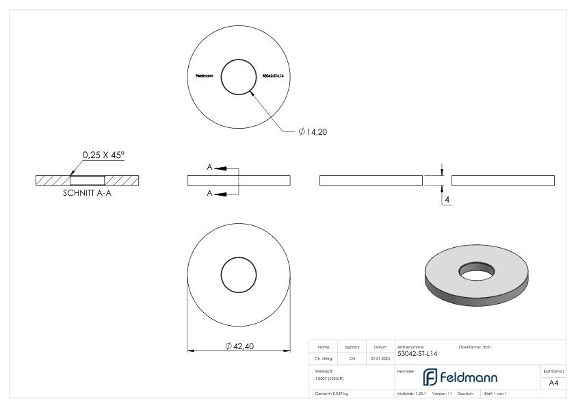Ronde 42,4x4mm mit Ø 14,2mm Bohrung