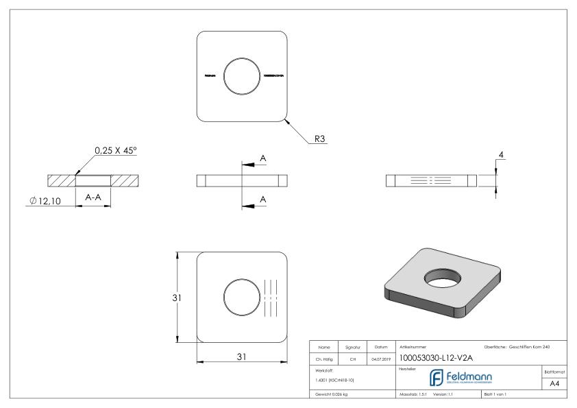 Flachkappe für Quadratrohr 30x30 mit Bohrung 12,1mm, V2A