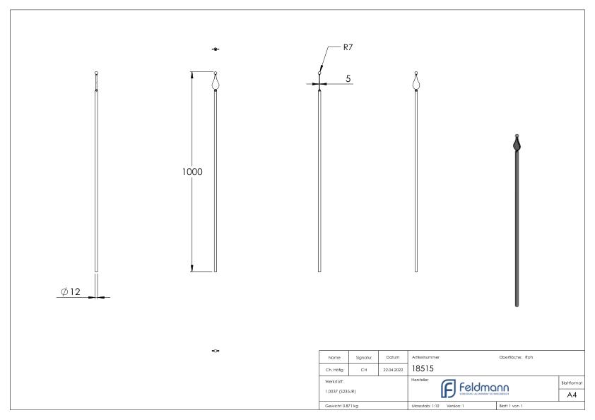 Zaunstab Ø 12mm, H: 1000mm, Spitze und Kugel