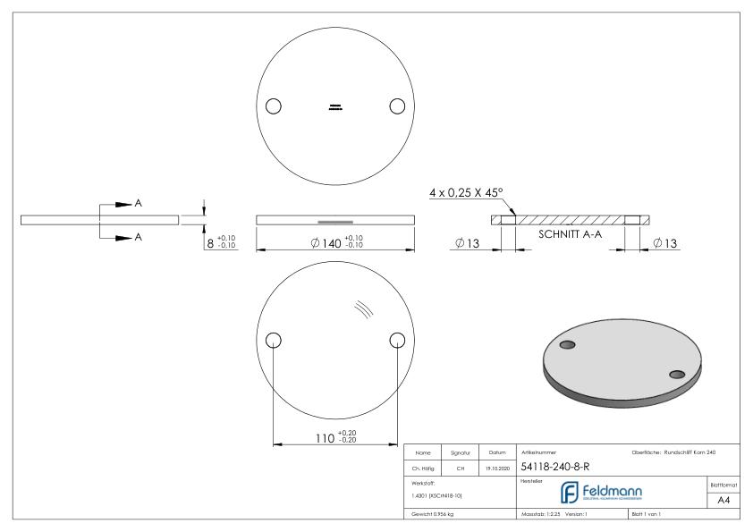 Ankerplatte Ø 140x8mm, mit Rundschliff, V2A