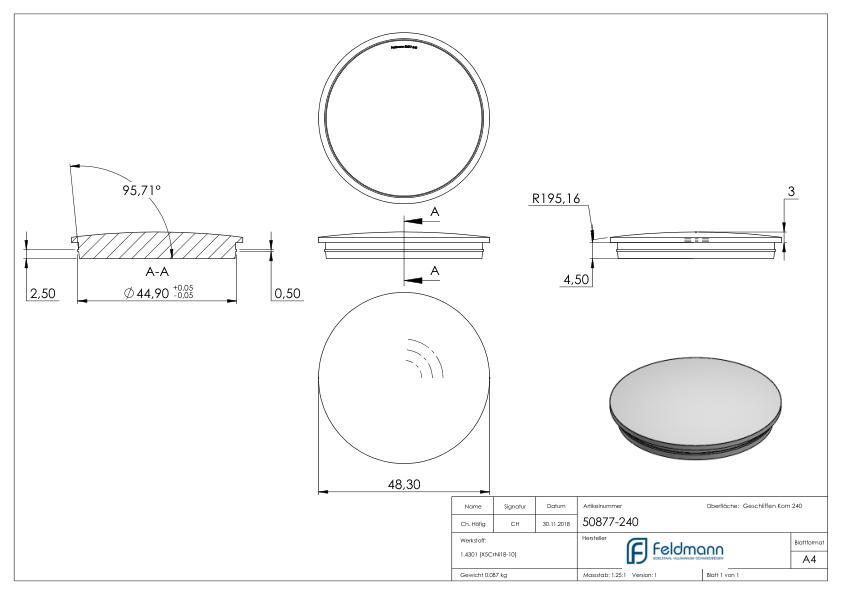 Rohrabschlussstopfen, für Rohr 48,3x2,0mm, V2A