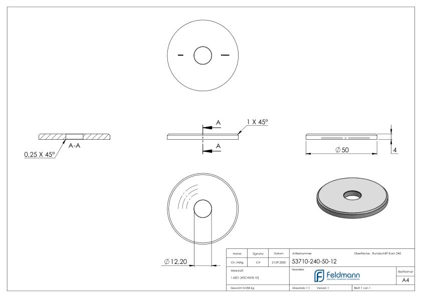 Ronde, Ø 50x4mm, mit Bohrung 12,2mm, V2A