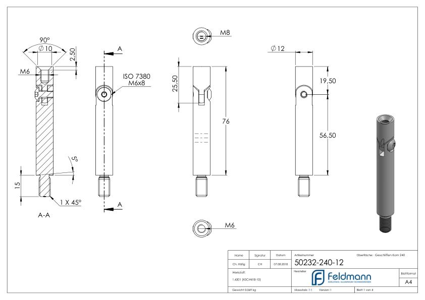 Gelenkstift Ø 12mm, L: 76mm, V2A Gelenkstift Ø 12mm, L: 76mm, V2A