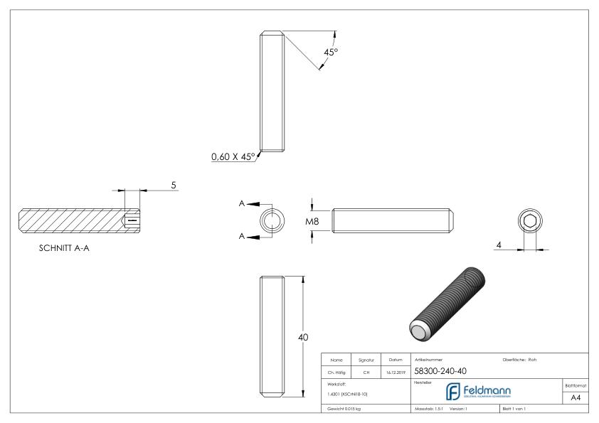 Gewindestift M8x40, V2A, DIN 913 / ISO 4026