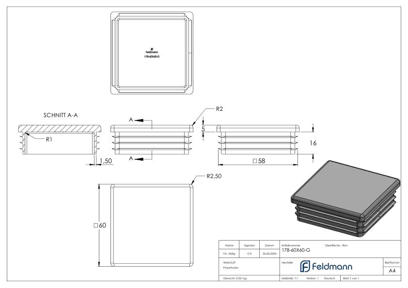 Kunststoffkappe für Quadratrohr 60x60mm