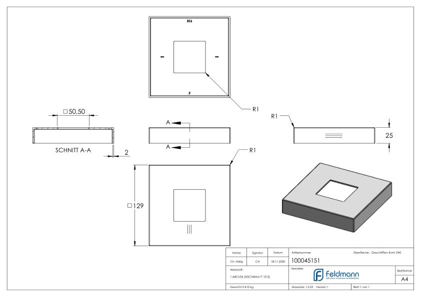 Abdeckrosette, 129x129x25mm, V4A