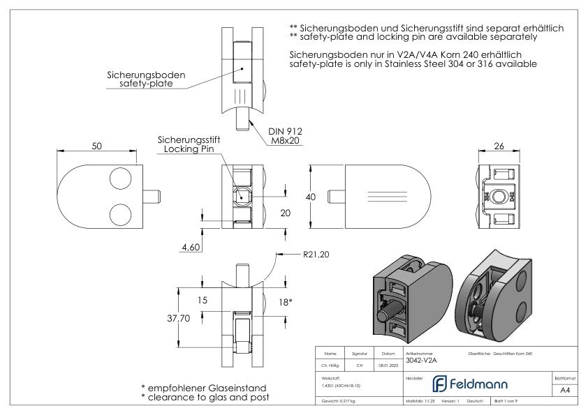 Glasklemme Mod. 30, Anschluss: 42,4mm, V2A