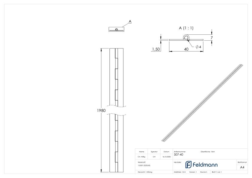 Langes Scharnier zum Anschweißen, 40 x 1,5 x 1980mm, roh